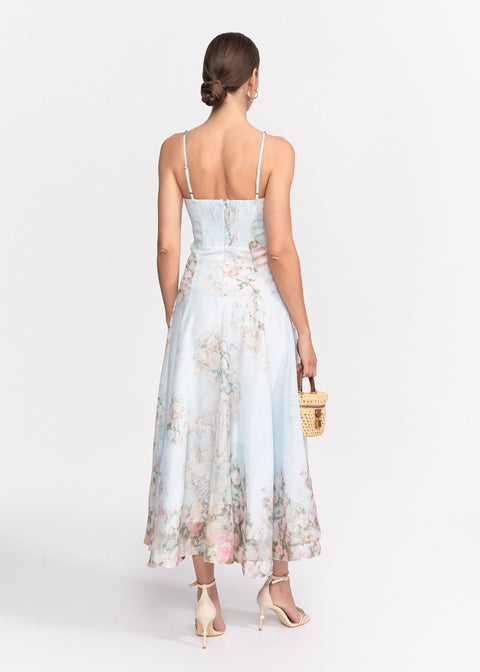 Rochie Midi cu imprimeu floral, decupaj in zona taliei si bretele subtiri