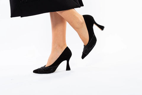 Pantofi eleganți de seară cu toc și aplicații din cristale