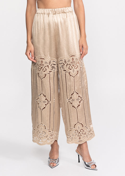 Pantaloni eleganti cu detalii brodate si elastic in talie