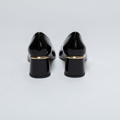 Patent Leather Pumps with Block Heel and Jewel Detail