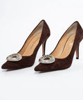 Pantofi stiletto din piele întoarsă cu aplicație de cristale