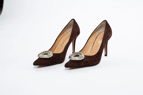 Pantofi stiletto din piele întoarsă cu aplicație de cristale