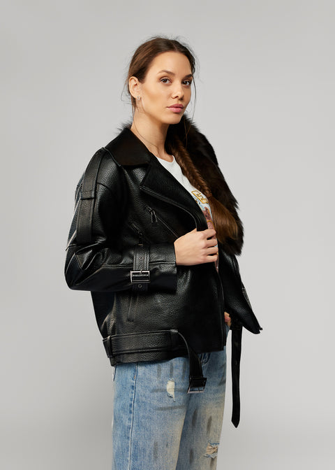 Leather Jacket with Detachable Fur Trim