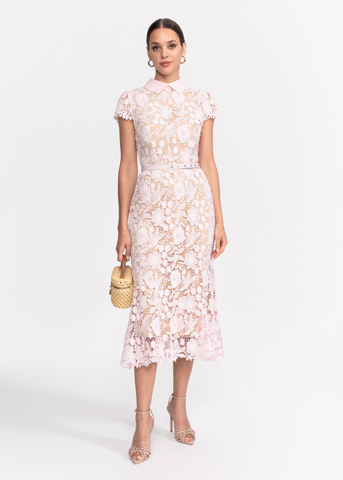 Rochie Midi din dantela cu maneci scurte si guler in V