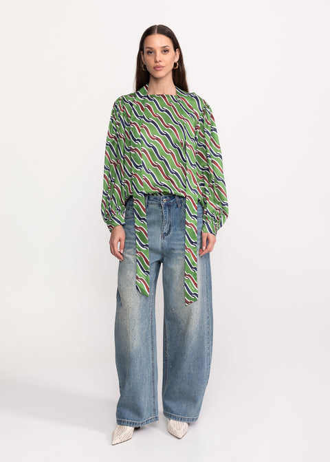 Printed Blouse with Neck Bow