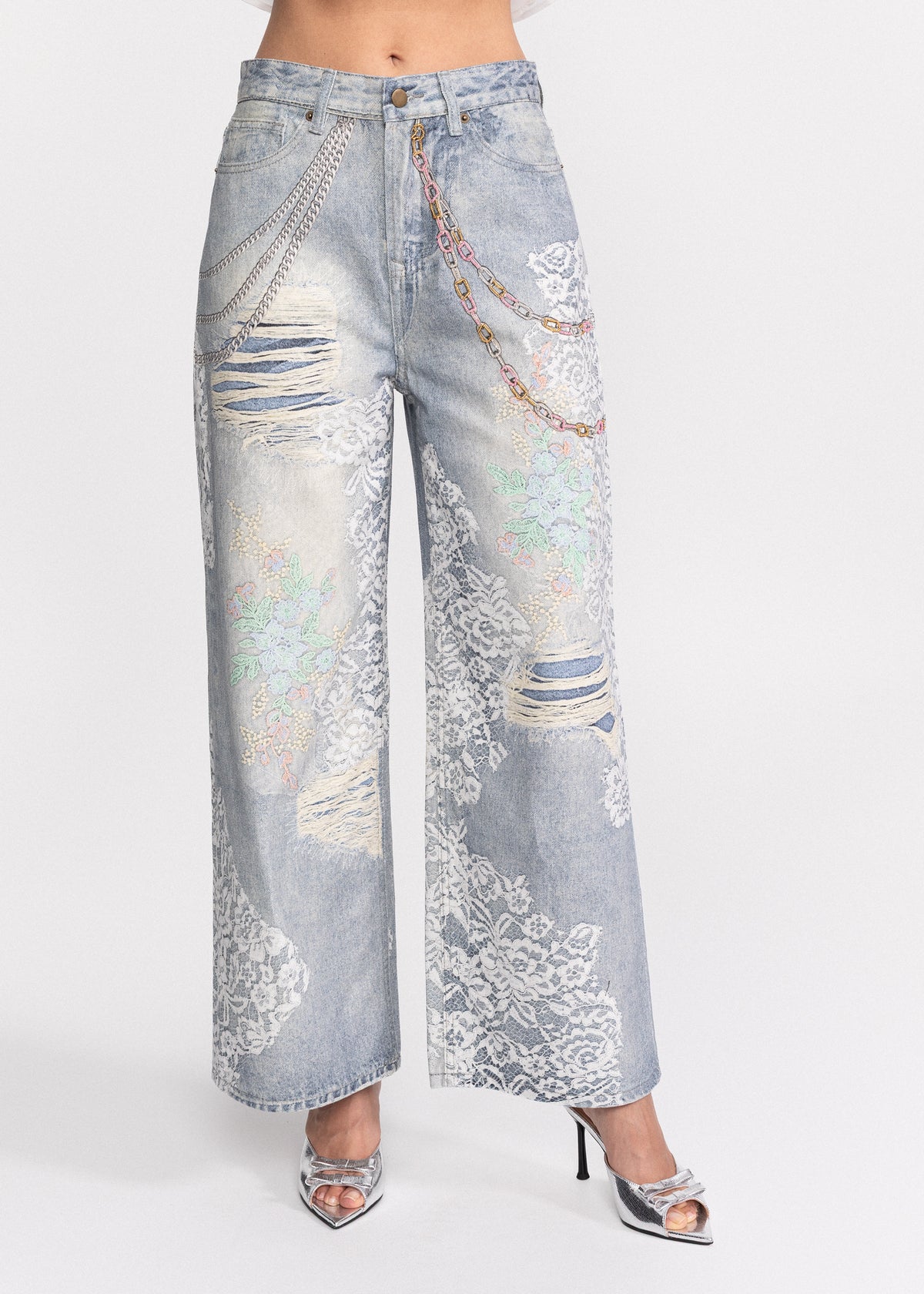 Blugi wide leg cu dantela imprimata