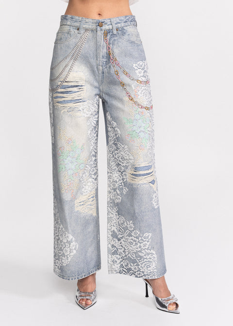 Blugi wide leg cu dantela imprimata