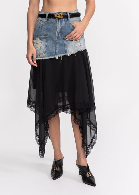 Fusta denim cu croiala stratificata si detalii rafinate
