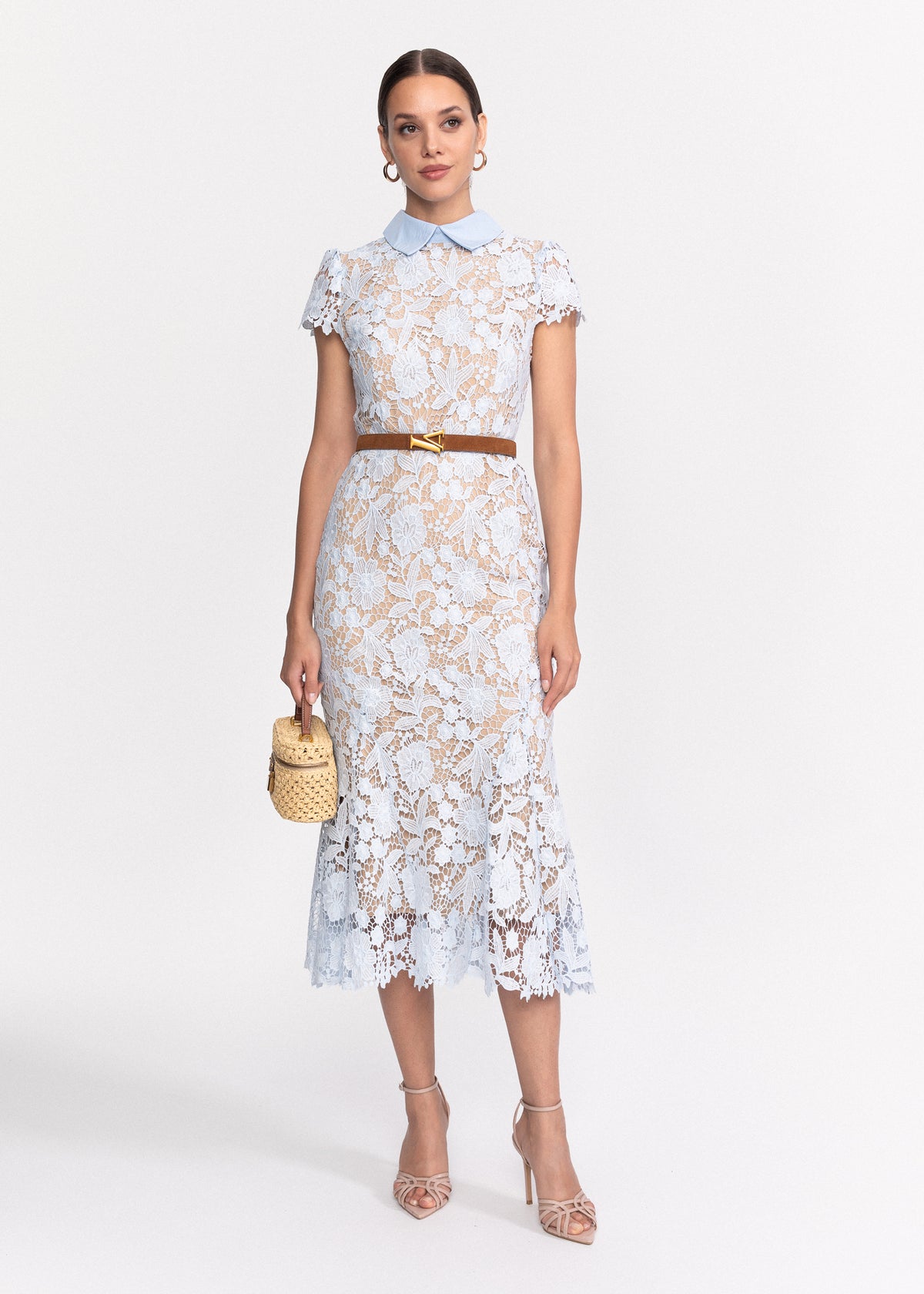 Rochie Midi din dantela cu maneci scurte si guler in V