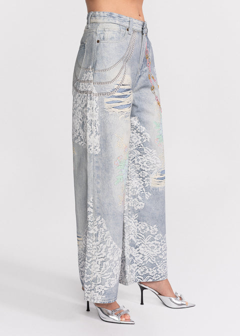 Blugi wide leg cu dantela imprimata