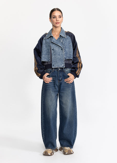 Geaca scurta denim cu maneci contrastante