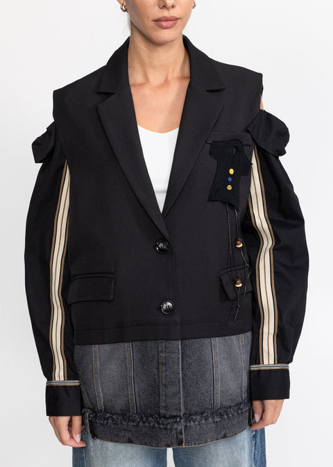 Sacou cu detalii contrastante pe maneci si insertie din denim