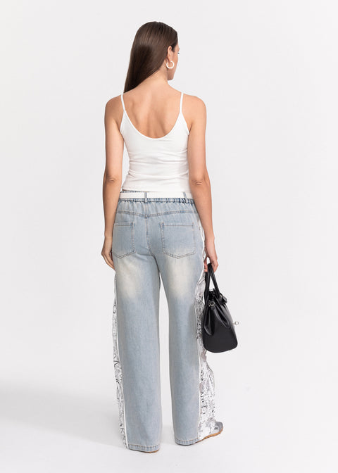 Blugi din denim cu croiala larga si insertii de dantela pe laterale