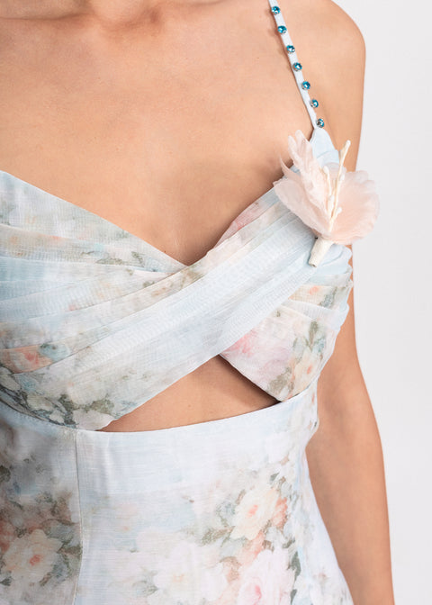 Rochie Midi cu imprimeu floral, decupaj in zona taliei si bretele subtiri