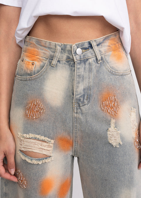 Blugi scurti cu detalii stilizate Orange si rupturi decorative
