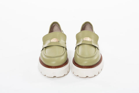 Loafers Olive din piele naturală și accesoriu auriu