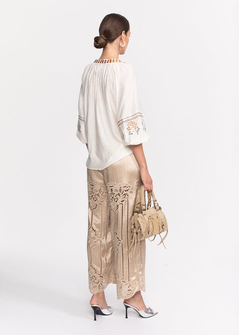 Pantaloni eleganti cu detalii brodate si elastic in talie
