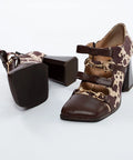 Pantofi din piele cu model animal print, baretă dublă și toc gros