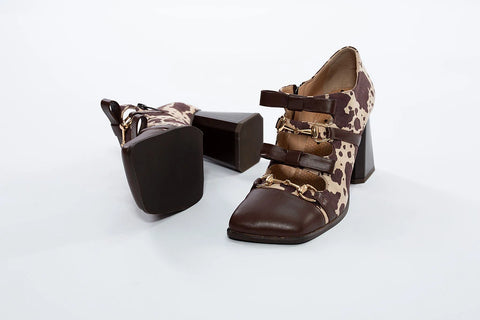 Pantofi din piele cu model animal print, baretă dublă și toc gros
