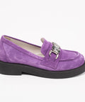 Loafers damă, violet, piele intoarsa, cu accesoriu gri, talpa 3 cm