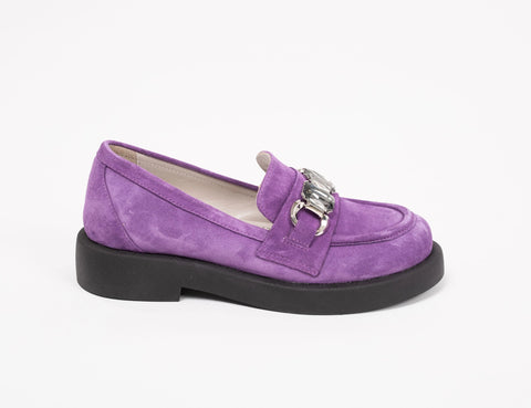 Loafers damă, violet, piele intoarsa, cu accesoriu gri, talpa 3 cm