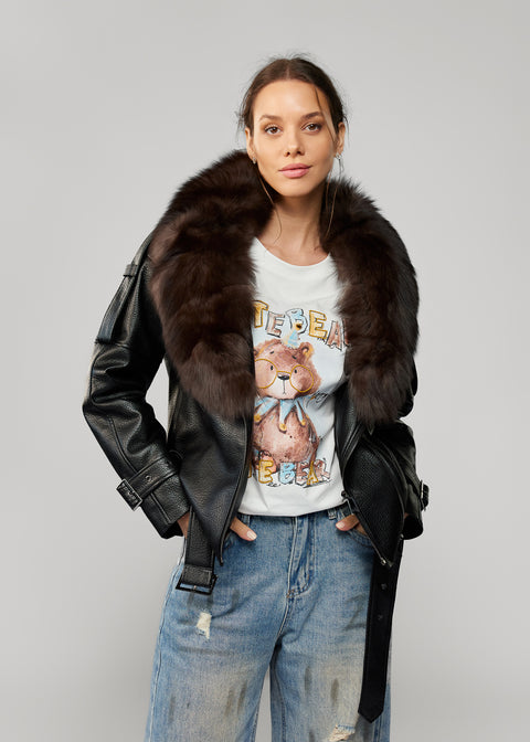 Leather Jacket with Detachable Fur Trim
