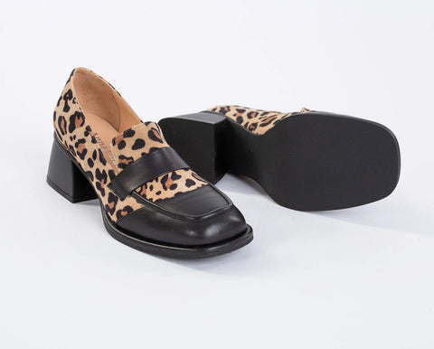 Pantofi din piele in combinatie cu piele intoarsa leopardata