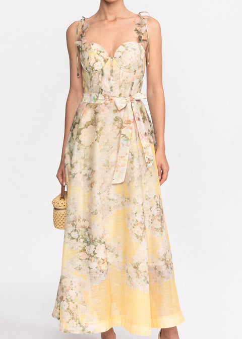 Rochie Midi cu imprimeu floral, bretele subtiri si cordon in talie