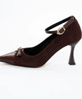Pantofi eleganți din piele cu baretă, toc evazat și fundiță decorativă