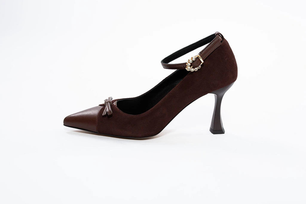 Pantofi eleganți din piele cu baretă, toc evazat și fundiță decorativă