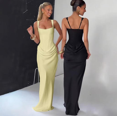 Rochie Lunga din satin cu croiala mulata si drapaje in zona inferioara