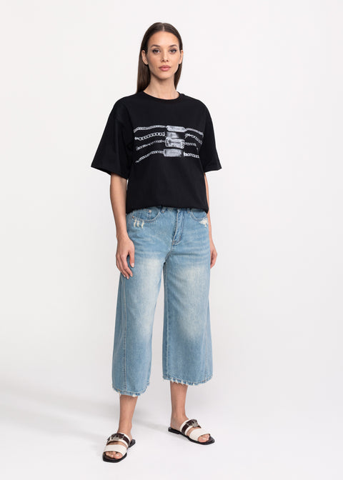 Tricou oversize cu imprimeu lanturi metalice