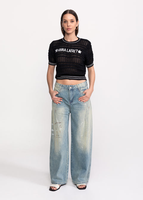 Open-Knit Short-Sleeve Top with Logo