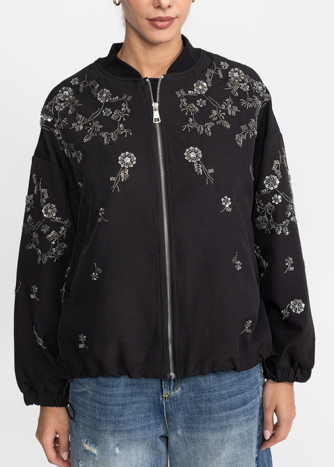 Geaca Bomber decorata cu aplicatii florale de margele