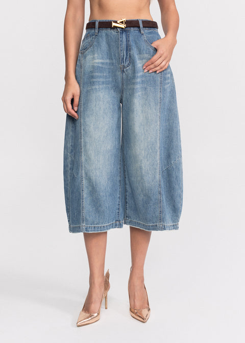 Blugi Culotte cu talie inalta si croiala larga 3/4