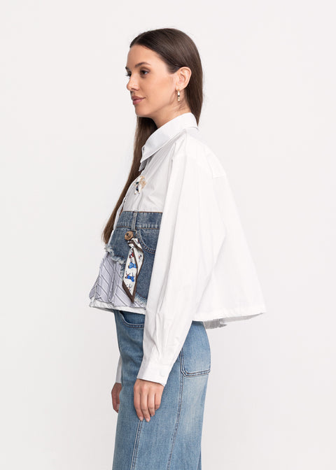 Shirt with Jean Accents and Decorative Scarf