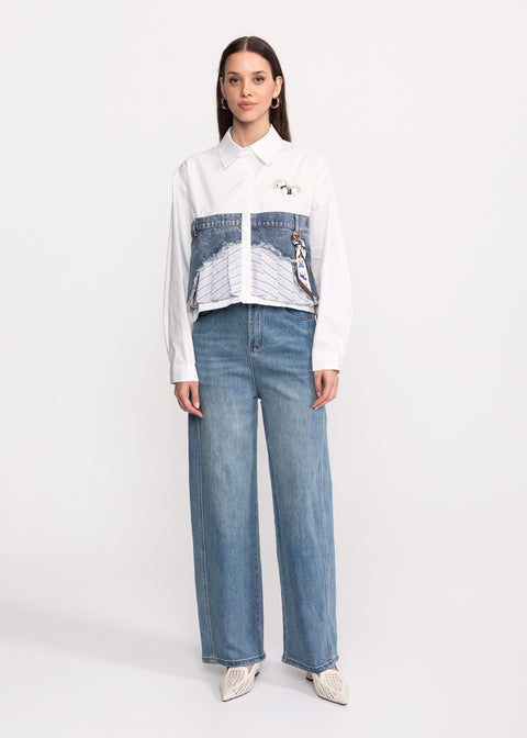 Shirt with Jean Accents and Decorative Scarf