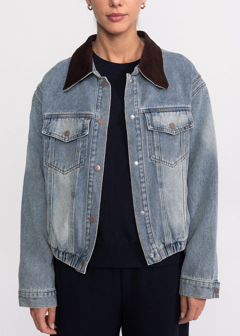 Geaca denim cu guler maro texturat 88296