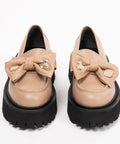 Loafers damă capuccino cu funda, din piele naturală, talpa 5 cm