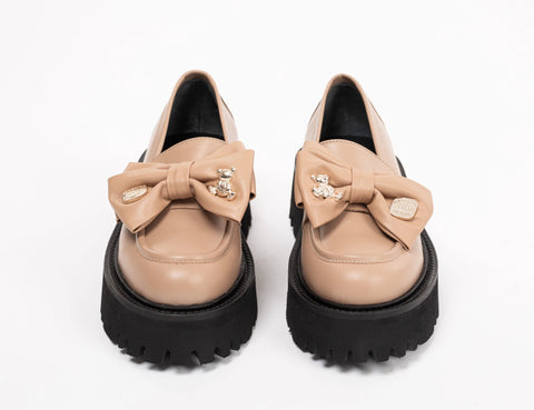 Loafers damă capuccino cu funda, din piele naturală, talpa 5 cm
