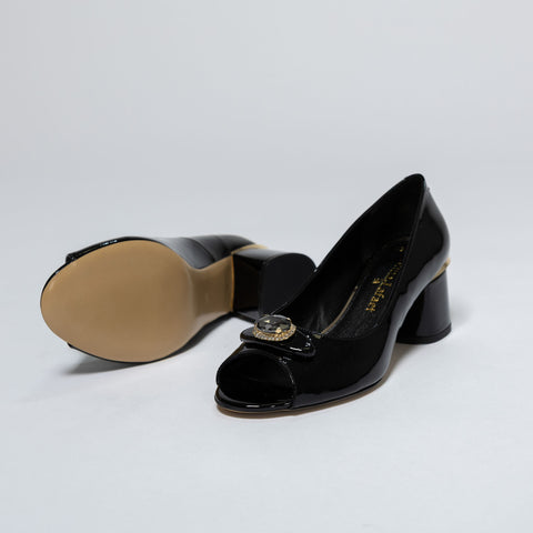 Patent Leather Pumps with Block Heel and Jewel Detail