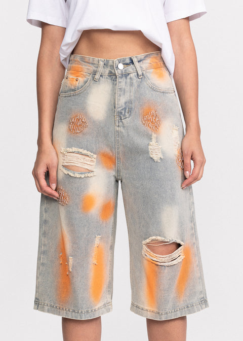 Blugi scurti cu detalii stilizate Orange si rupturi decorative