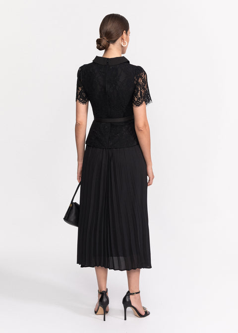 Rochie midi din dantela cu guler clasic si maneci scurte