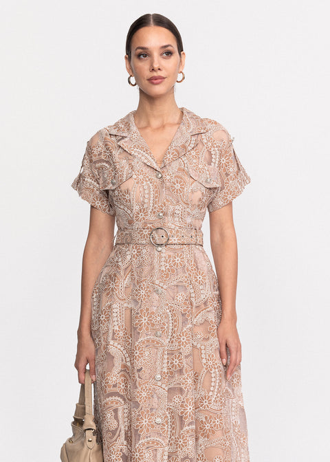 Rochie Midi cu broderie si maneci scurte
