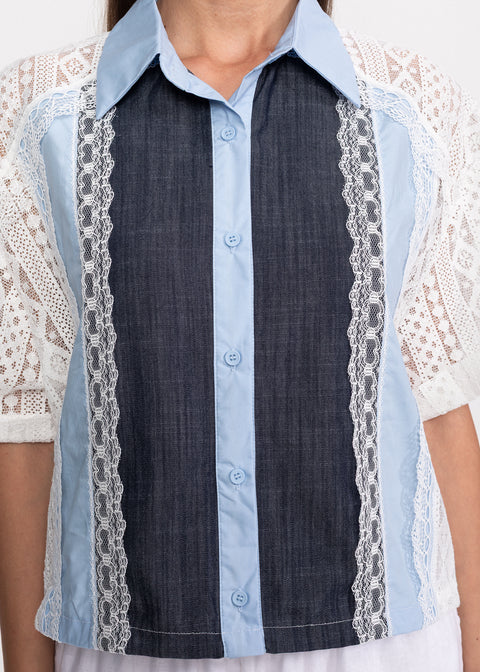 Camasa cu maneci scurte din dantela si insertie frontala din denim