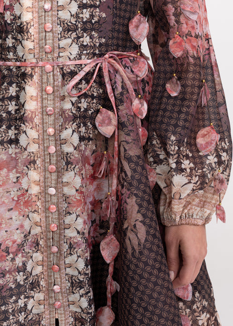 Rochie cu imprimeu floral vintage si cordon in talie