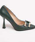 Pantofi damă din piele verde-petrol cu accesoriu auriu, toc 10cm