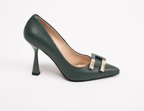 Pantofi damă din piele verde-petrol cu accesoriu auriu, toc 10cm