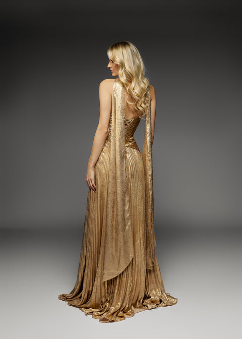 Long Pleated Dress with Scarf