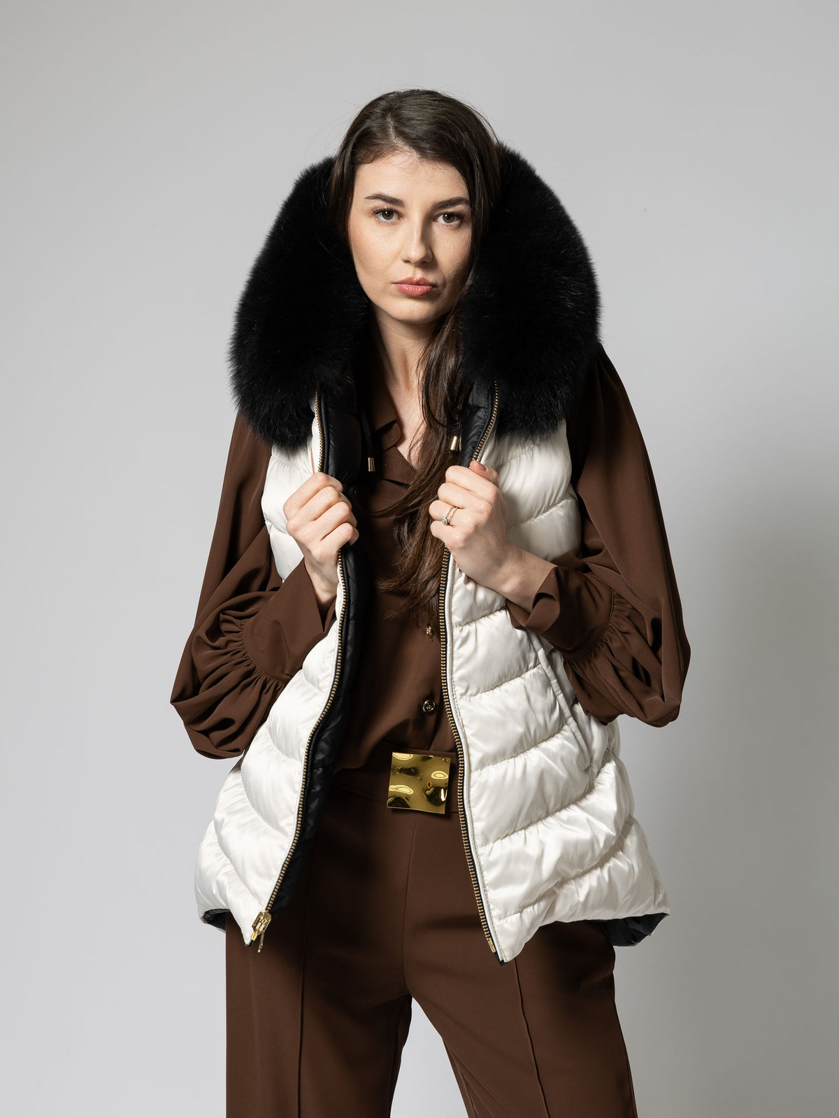 Quilted Vest with Detachable Fur Trim